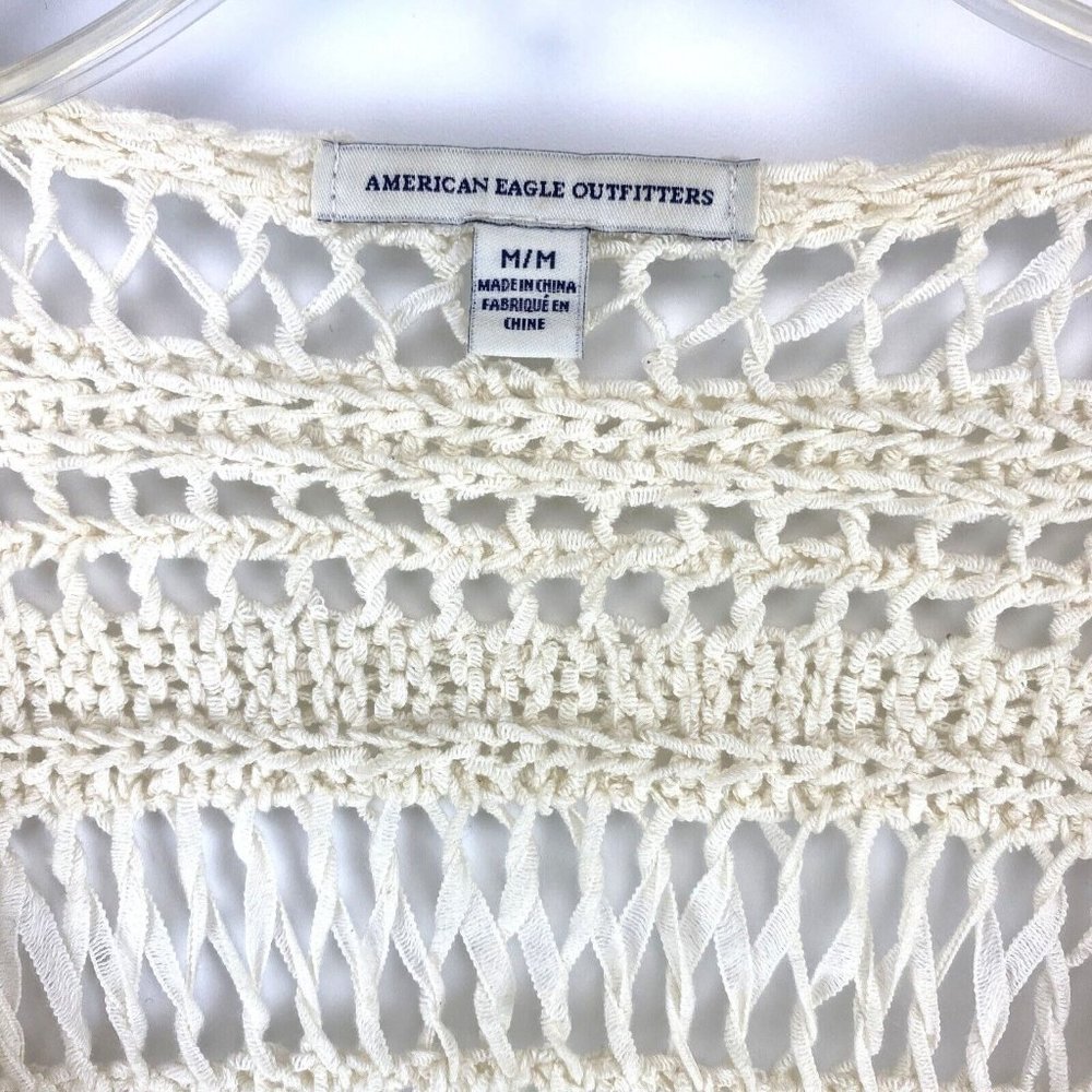 American Eagle Outfitters Cream Open-Knit Fringe Cardigan, Medium - Picture 2 of 5